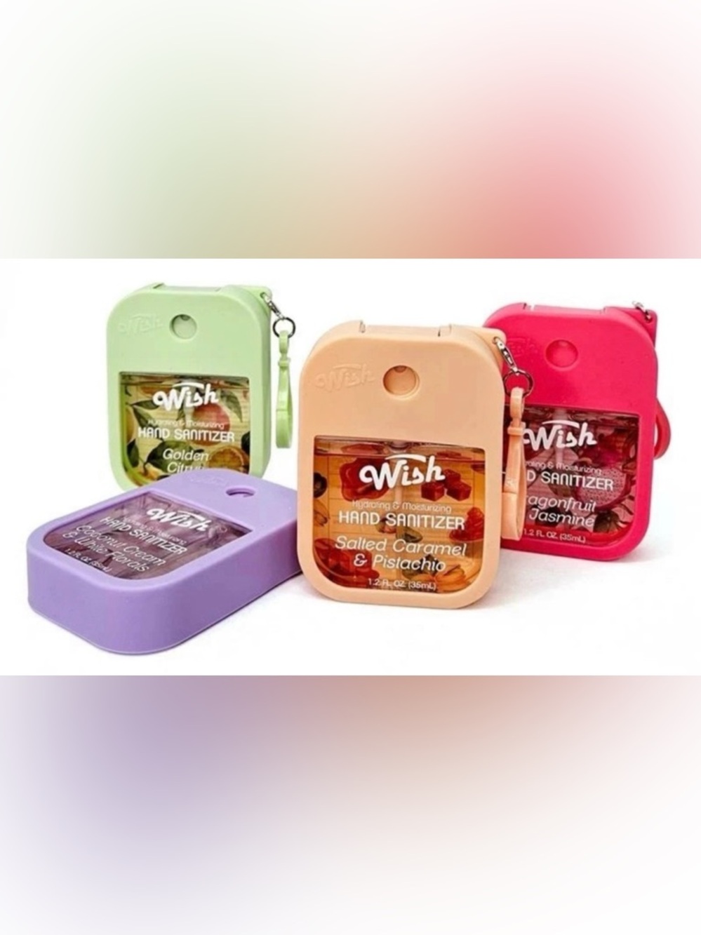 NEW 4 PC Wish Hand Sanitizer Set - With reusable case and handbag/Keychain clip